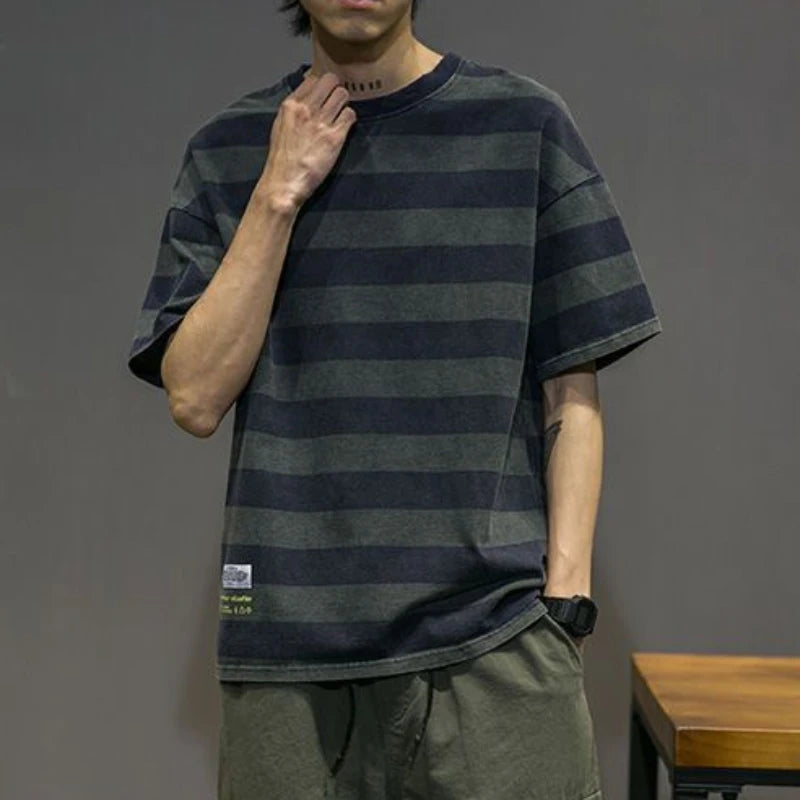 T Shirt for Men - Striped Top Blue Loose Man Tee Shirts Vintage Clothing