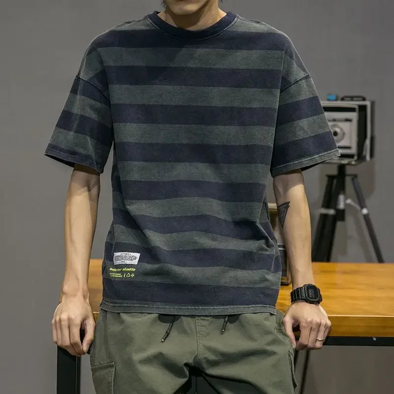 T Shirt for Men - Striped Top Blue Loose Man Tee Shirts Vintage Clothing