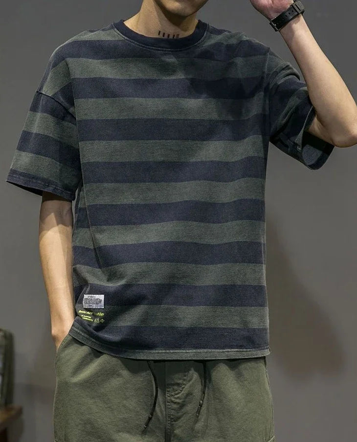 T Shirt for Men - Striped Top Blue Loose Man Tee Shirts Vintage Clothing